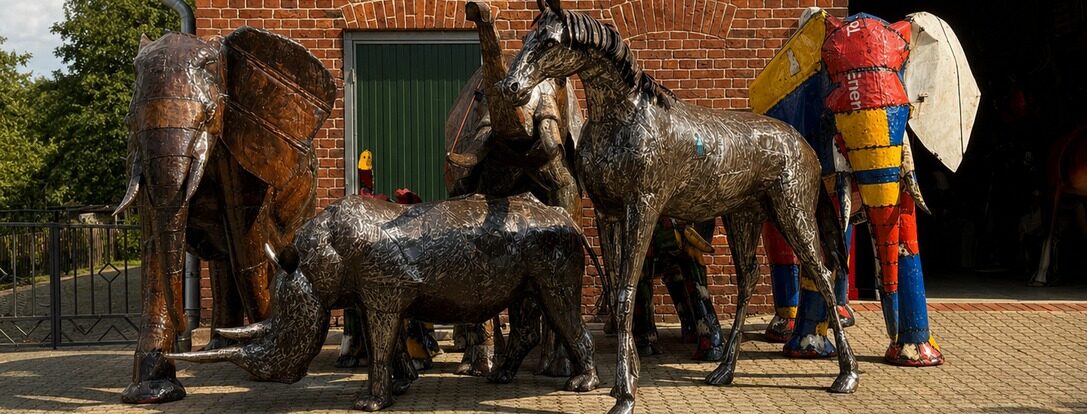 Afrikaanse dierenbeelden | grote olifanten, giraffen en meer | handgemaakt van gerecyclede materialen
