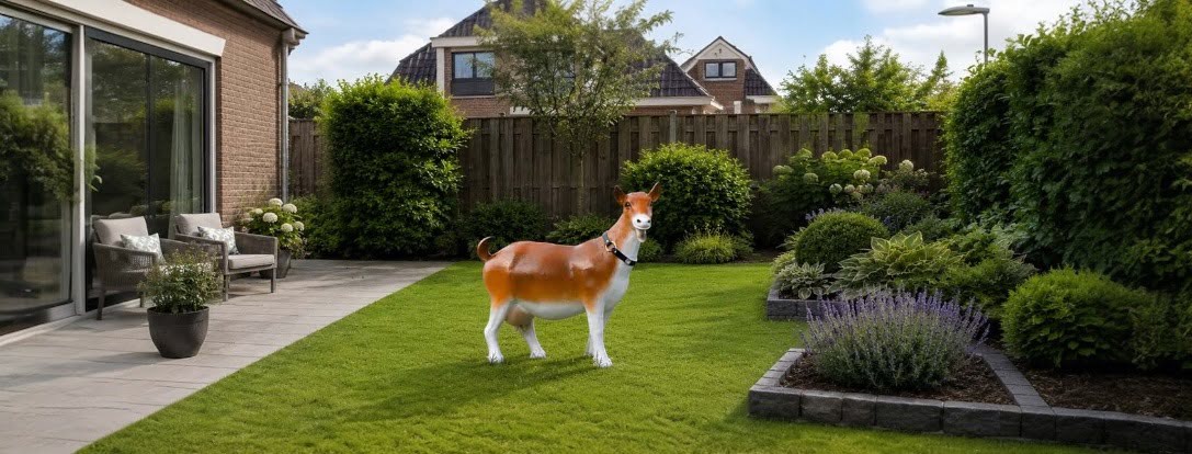 Levendige kunststof tuinbeelden van geiten