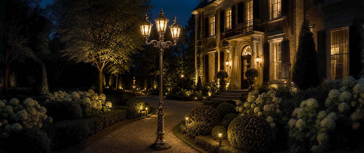 De hauts lampadaires en aluminium, en fonte et en cuivre