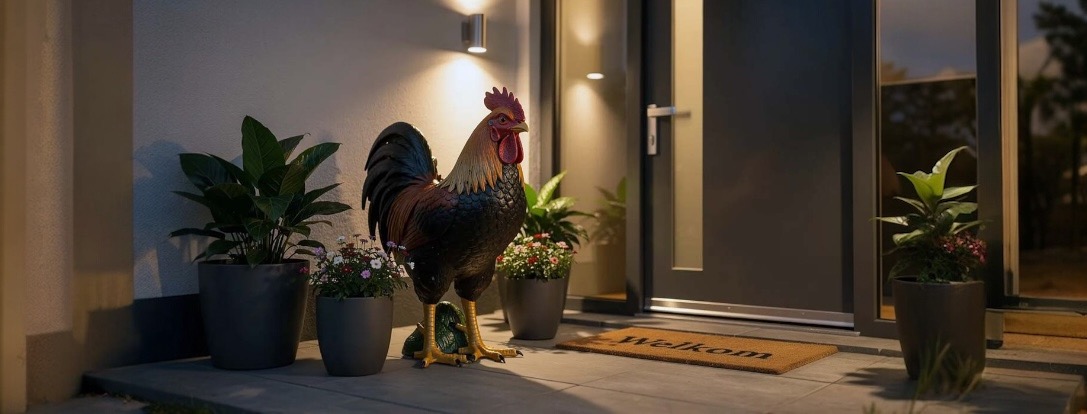 Hanen en kippen van kunststof als decoratie in en om het huis