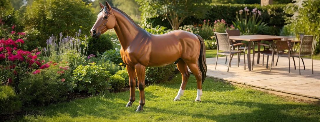 Stoere, kunststof, tuinbeelden van paarden | krachtige tuindecoratie