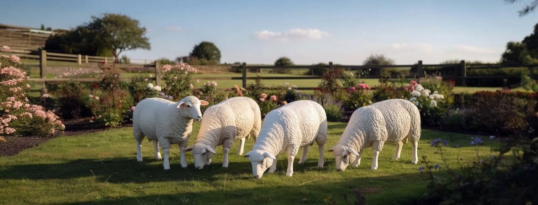 Tuinbeelden van schapen | speelse dierenbeelden van kunststof en polystone