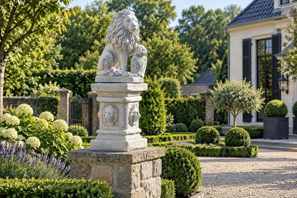 Gartenstatue Löwe auf einem Stein-/Betonsockel