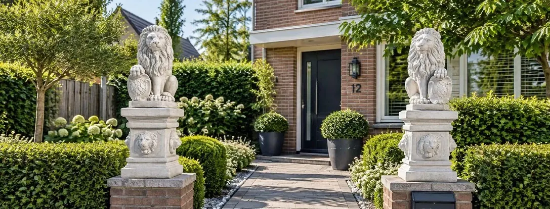 Klassische Gartenstatuen: Löwenstatuen als König des Gartens auf Sockeln