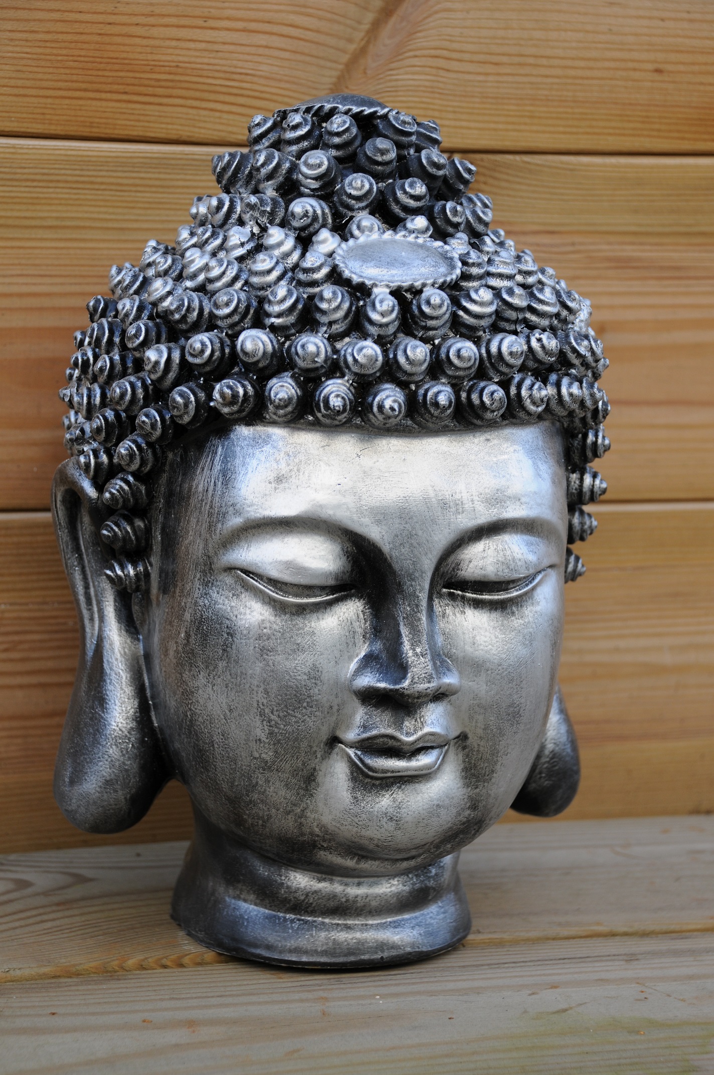 Indonesische Boeddha-hoofd, polystein-grijs-zilver-small!!