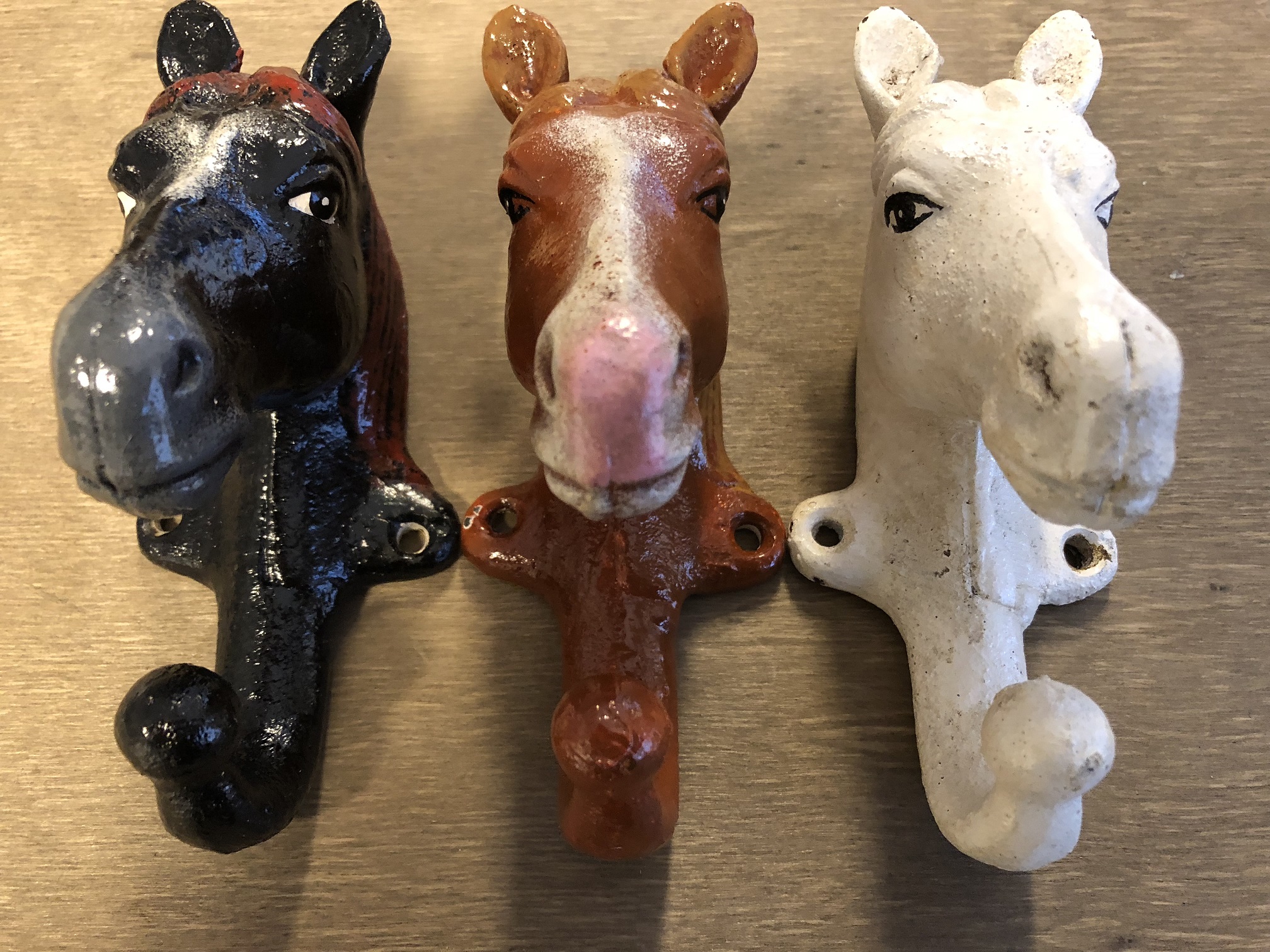 3 x paardenhoofden als kapstok is een mooie schuur decoratie, diverse kleuren.