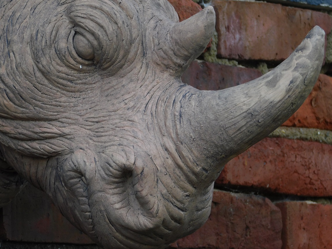 Een prachtige kop van een neushoorn, fraai in detail, polystone