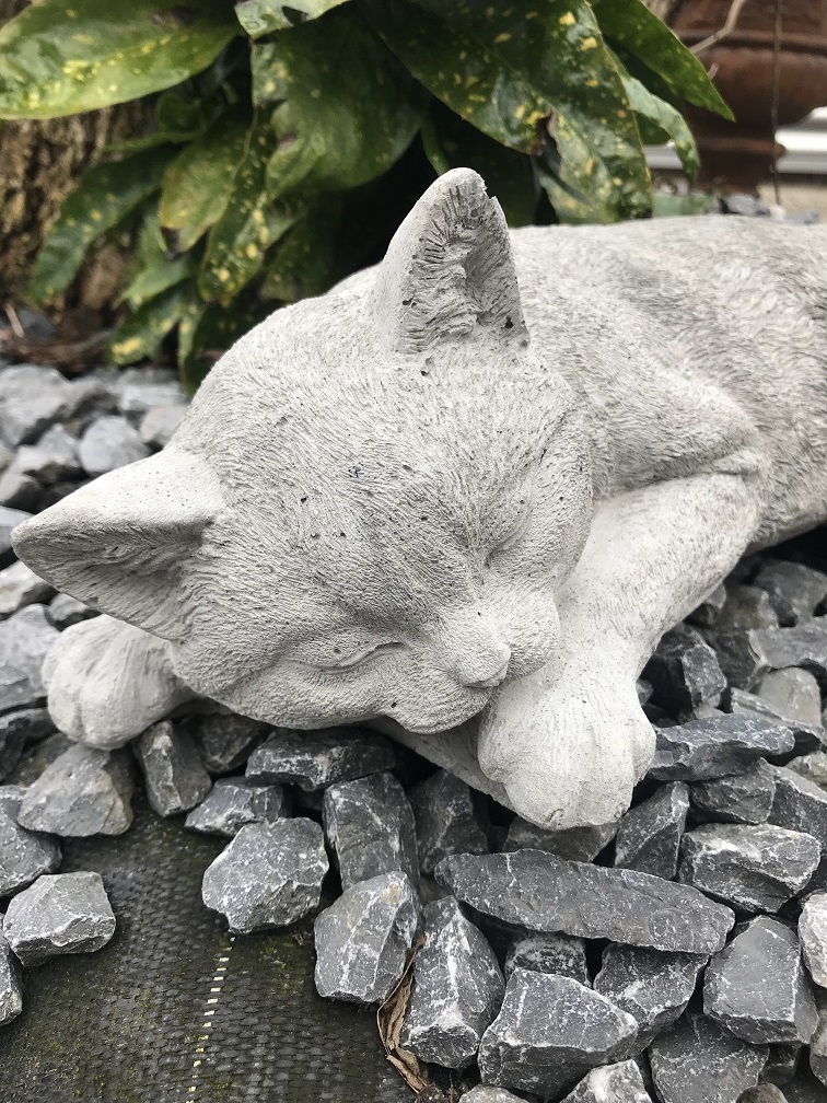 Slapende kat - levensecht derenfguur, van steen. Het maakt een