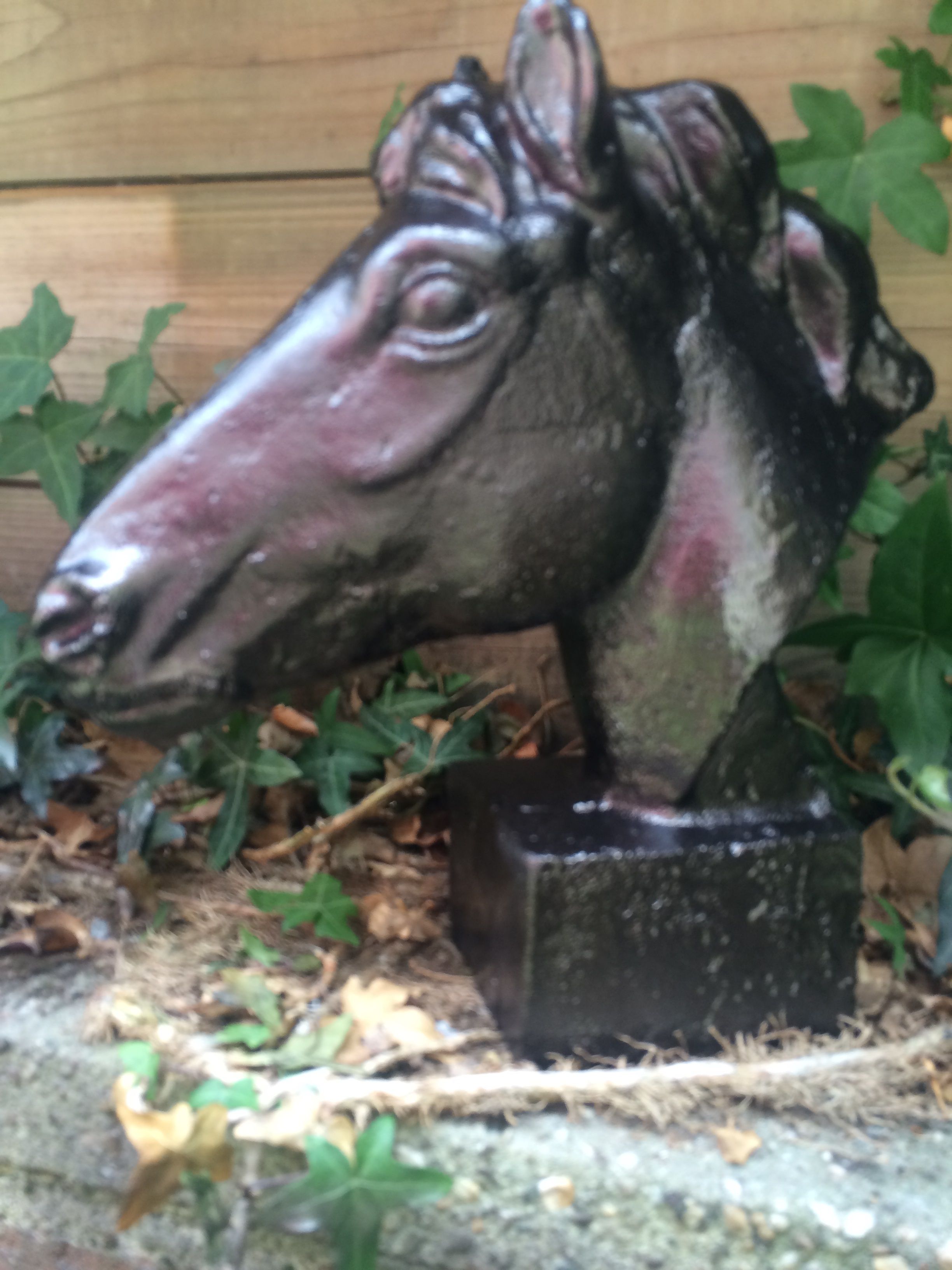 1 paard gietijzer hoofd, in roest-optica zwart