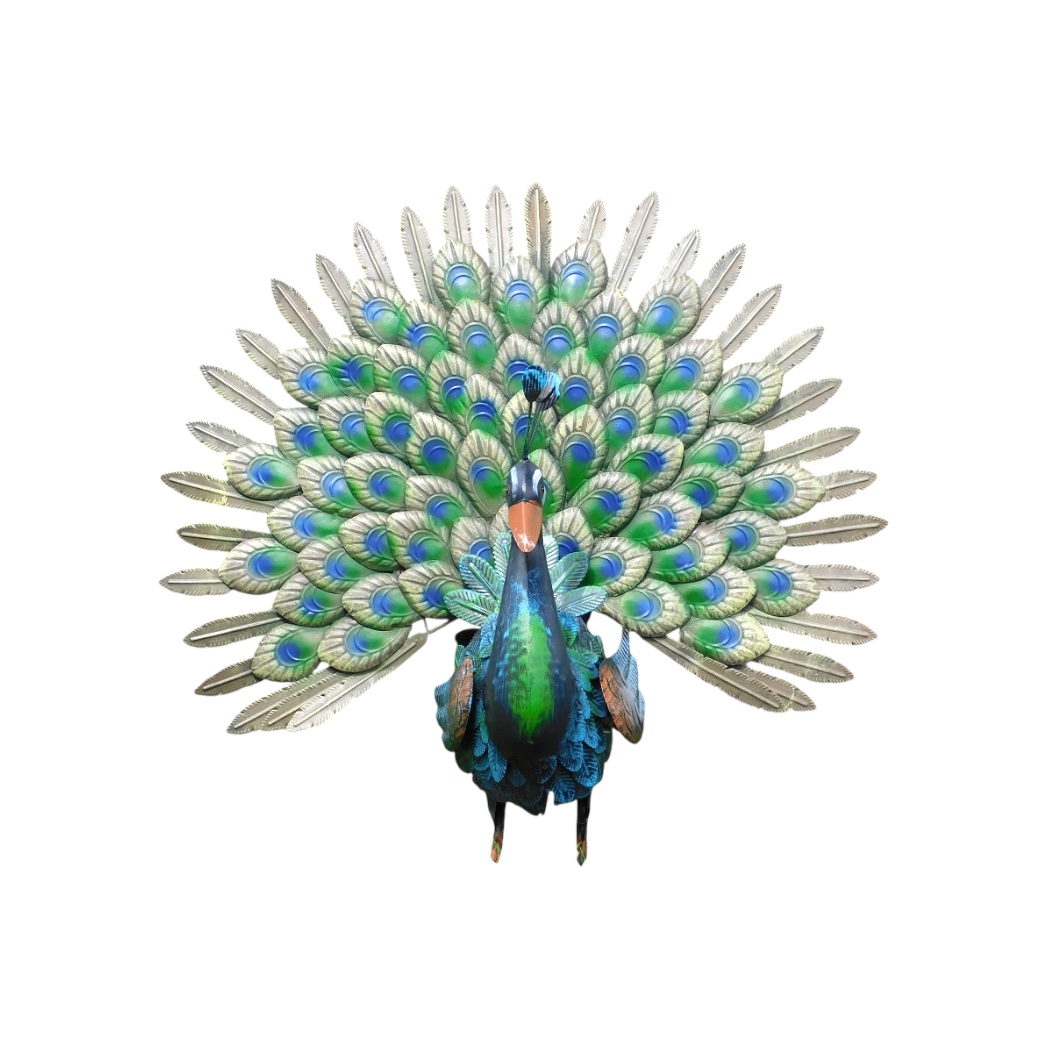 Statue De Paon En Métal Pour Jardin - 43x33x20 Cm, Couleur Bleue, Décoration Extérieure Élégante