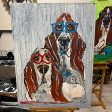 Basset Hounds mit roten und blauen Gläsern - Semi-Abstrakt