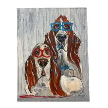 Bassethonden met rode en blauwe brillen - half-abstract