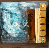 Bücherregal mit Büchern – blau mit braun – semi-abstrakt