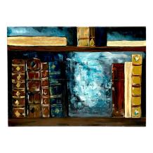 Boekenkast met boeken – blauw met bruin – half-abstract
