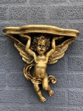 Wandornament, console polystone gold met engel.