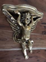 Wandornament, console polystone gold met engel.