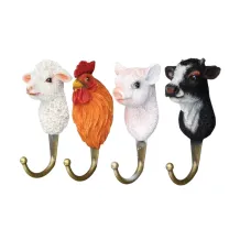 Set van 4 wandhaken boerderijdieren – polyresin en messing