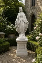 Groot tuinbeeld Maria op sokkel - wit / grijs steen - 175 cm