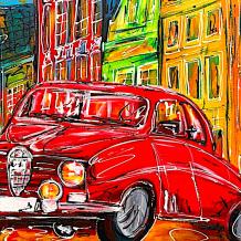 Saab rouge à Amsterdam - semi-abstrait - 60 x 80 cm
