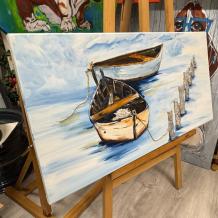 Boote mit Strandpfählen aus Holz - Gemälde