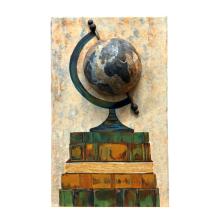 Wereldbol op boeken - half-abstract - 50x30 cm - schilderij