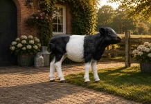 Tuinbeeld kalf - zwart/wit - natuurgetrouw dierenfiguur