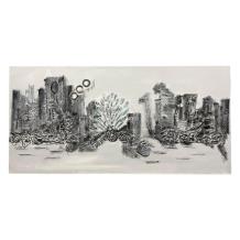Skyline van stad - grijstinten met blauw - 80 x 160 cm