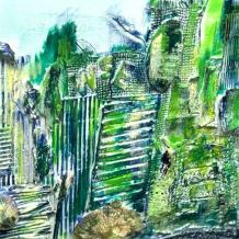 Horizon de la ville - bleu et vert - abstrait - 120 x 40 cm