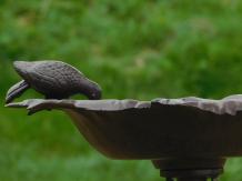 Grand bain d'oiseaux sur pied, avec oiseau sur le bord, en fonte