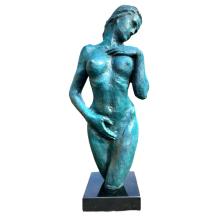 Blote vrouw - blauw bronzen beeld - 64 cm - marmeren voet