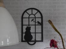 Wanddekoration aus Metall – Katze mit Vögeln – Silhouette – braun