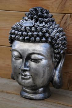 Buddha - Indonesischer Kopf - Polystone Statue - grau/silber