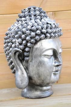 Buddha - Indonesischer Kopf - Polystone Statue - grau/silber