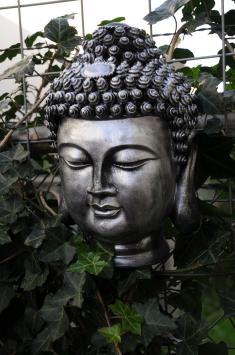 Indonesische Boeddha, hoofd kunststof, grijs / zilver