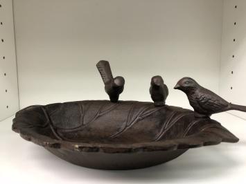 Bain d'oiseaux en fonte avec 3 oiseaux – en forme de feuille – 31 cm