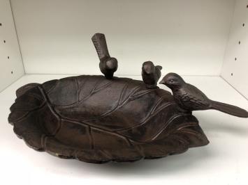 Bain d'oiseaux en fonte avec 3 oiseaux – en forme de feuille – 31 cm