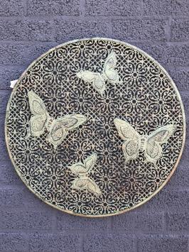 Wanddekoration aus Metall - Schmetterling - rustikales Grün - rund