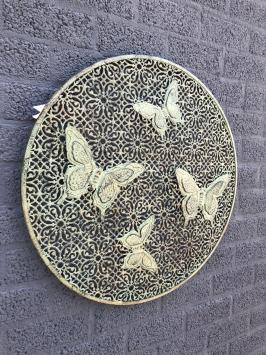 Wanddekoration aus Metall - Schmetterling - rustikales Grün - rund