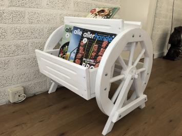 Lectuur bak, hout, met 2 wagenwielen hout-wit, zeer fraai