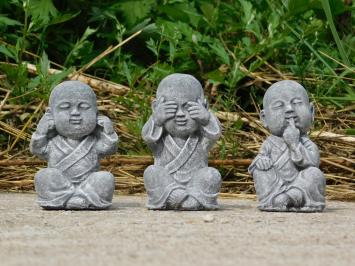 Horen, zien en zwijgen, Boeddha beelden, steen, grijs met wit