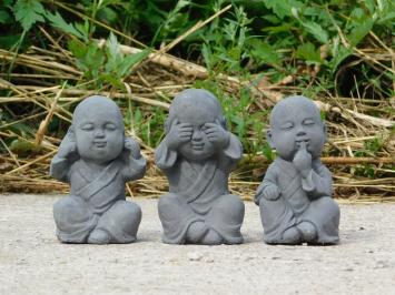 Hören, sehen und schweigen, Buddhastatuen, Gartenfiguren Stein, grau