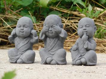 Hören, sehen und schweigen, Buddhastatuen, Gartenfiguren Stein, grau
