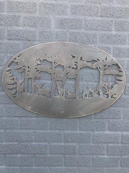 Metalen wandornament - herten in bos - silhouet - ovaal