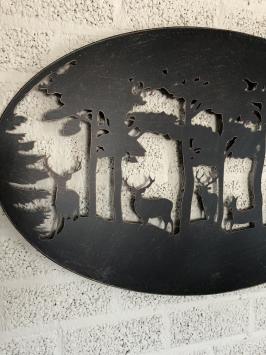 Metalen wandornament - herten in bos - silhouet - ovaal