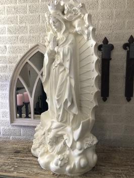 Prachtig fors Maria beeld met engelen en achterplaat, polystone crème-wit .