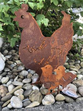 Gartenstab, Silhouette eines Huhns mit seinen Küken, Metall