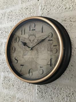Wanduhr im Vintage-Look, Uhr mit Weltmotiv aus dem 18. Jahrhundert, wie antik