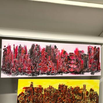 Horizon de la ville - rose et rouge - abstrait - 120 x 40 cm