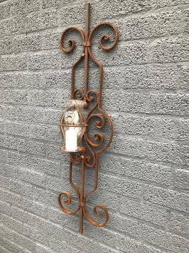 Gietijzeren wandornament - kaarshouder met glas - rustiek