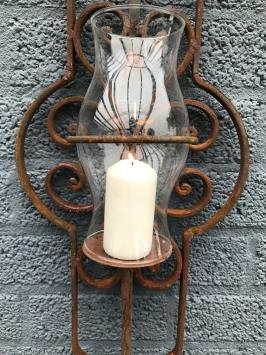 Gietijzeren wandornament - kaarshouder met glas - rustiek